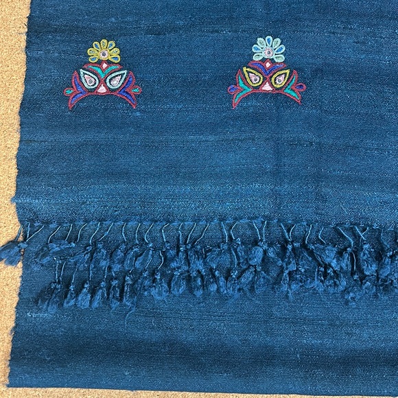 Petroleum Green Cotton Embroidered Tasseled Scarf - Picture 12 of 17